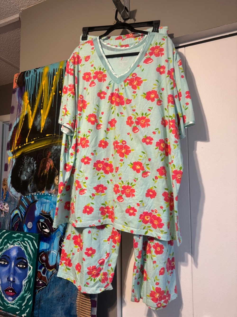 Serenada 4X Pajama Set Mint Pink Floral Satin Trim 30/32W Soft Lounge 2PC - Picture 9 of 10